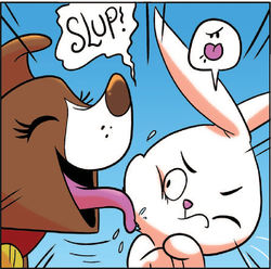Size: 633x627 | Tagged: safe, idw, official comic, angel bunny, winona, g4, spoiler:comic, spoiler:comic23, licking, looming shipping, panel
