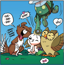 Size: 617x632 | Tagged: safe, idw, official comic, angel bunny, gummy, owlowiscious, tank, winona, friendship is magic #23, g4, spoiler:comic