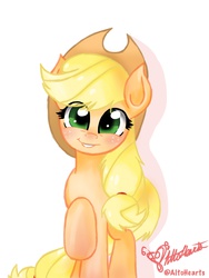 Size: 1536x2048 | Tagged: safe, artist:altohearts, applejack, g4, blushing, female, looking at you, raised hoof, simple background, solo
