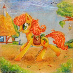 Size: 2751x2746 | Tagged: safe, artist:0okami-0ni, carrot top, golden harvest, earth pony, pony, g4, female, high res, running, saddle bag, solo, traditional art