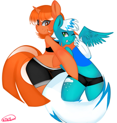 Size: 837x878 | Tagged: safe, artist:kikiluv, oc, oc only, oc:frosty winds, oc:tangerine, cyborg, pegasus, unicorn, semi-anthro, fallout equestria: memories, arm hooves, bra, clothes, commission, duo, panties, underwear