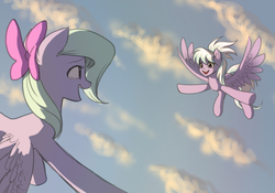 Size: 2148x1500 | Tagged: safe, artist:katputze, cloudchaser, flitter, pegasus, pony, g4, bow, duo, female, flying, happy, looking at each other, mare, open mouth, smiling, tears of joy
