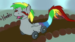 Size: 1612x908 | Tagged: safe, artist:wesleyfoxx, oc, oc only, oc:wheely bopper, hybrid, monster pony, original species, tatzlpony, wheelpone, eyes closed, honk, open mouth, smiling, solo, wat, what has science done