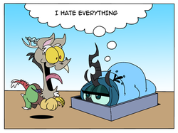 Size: 800x599 | Tagged: safe, artist:peachiekeenie, artist:tarajenkins, discord, queen chrysalis, changeling, changeling queen, draconequus, discorderlyconduct, g4, blanket, duo, female, garfield, i hate mondays, jim davis, male, odie, open mouth, parody, prone, smiling, style emulation, thought bubble, tongue out, unamused, wide eyes
