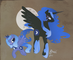 Size: 750x615 | Tagged: safe, artist:bowich, nightmare moon, princess luna, g4, 2011, blue eyes, brown background, colored eyelashes, ethereal mane, ethereal tail, eyeshadow, full moon, gradient mane, gradient tail, hoof shoes, jewelry, lidded eyes, looking back, makeup, moon, nose scar, peytral, s1 luna, simple background, spread wings, tail, tiara, wings