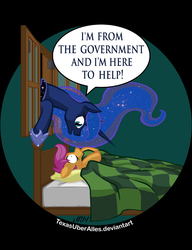 Size: 553x720 | Tagged: safe, artist:texasuberalles, princess luna, scootaloo, alicorn, pegasus, pony, g4, bed, bedroom, duo, scared, text, window