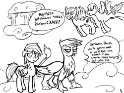 Size: 1024x768 | Tagged: safe, dumbbell, gilda, hoops, rainbow dash, griffon, g4, cloud, monochrome