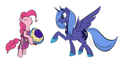 Size: 1600x850 | Tagged: safe, pinkie pie, princess luna, pony, g4, apron, bipedal, cake, clothes, s1 luna, simple background