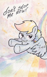 Size: 726x1180 | Tagged: safe, artist:slightlyshade, rainbow dash, pegasus, pony, g4, female, flying, rainbow, solo, traditional art