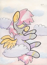Size: 726x997 | Tagged: safe, artist:slightlyshade, pegasus, pony, clothes, cloud, cloudy, flying, goggles, shadowbolt scootaloo, shadowbolts, shadowbolts costume, solo, traditional art