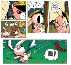 Size: 1400x1287 | Tagged: safe, idw, official comic, angel bunny, opalescence, owlowiscious, tank, winona, bird, cat, dog, owl, rabbit, tortoise, g4, spoiler:comic, spoiler:comic23, animal, comic, flower, playing dead, poison joke, swirly eyes, tongue out