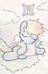 Size: 732x1121 | Tagged: safe, artist:slightlyshade, rainbow dash, scootaloo, pegasus, pony, g4, bed, cloud, cloudy, female, filly, lesbian, pillow, ship:scootadash, shipping, traditional art