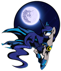 Size: 853x983 | Tagged: safe, artist:pepooni, princess luna, g4, batman, batmare, clothes, female, flying, mare in the moon, moon, solo