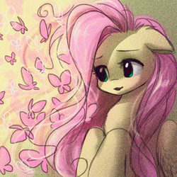 Size: 1500x1500 | Tagged: safe, artist:katputze, fluttershy, butterfly, pegasus, pony, g4, bust, digital noise, female, floppy ears, hooves to the chest, looking at something, mare, portrait, smiling, solo, three quarter view