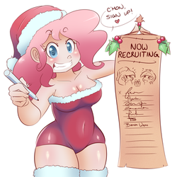 Size: 500x500 | Tagged: safe, artist:balooga, pinkie pie, human, art pack:my little sweetheart, g4, breasts, busty pinkie pie, cleavage, clothes, costume, female, grin, heart, heart eyes, humanized, list, looking at you, pen, santa costume, smiling, solo, wingding eyes