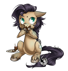 Size: 865x900 | Tagged: safe, artist:moenkin, oc, oc only, oc:silver mine, cake, eating, messy eating, simple background, sitting, solo, transparent background, unshorn fetlocks
