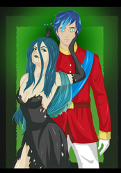 Size: 2410x3459 | Tagged: safe, artist:happymango101, queen chrysalis, shining armor, human, g4, blood, duo, high res, humanized, hypnosis