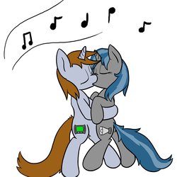 Size: 1280x1280 | Tagged: safe, artist:xenithion, oc, oc only, oc:homage, oc:littlepip, pony, unicorn, fallout equestria, bipedal, clothes, cutie mark, duo, eyes closed, fanfic, fanfic art, female, horn, kiss on the lips, kissing, lesbian, mare, oc x oc, ship:pipmage, shipping, simple background, white background