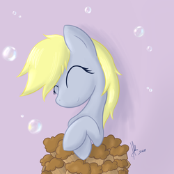 Size: 1200x1200 | Tagged: safe, artist:d-sixzey, derpy hooves, pegasus, pony, g4, bubble, cute, eyes closed, female, mare, muffin, smiling, solo