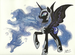 Size: 3466x2517 | Tagged: safe, artist:dracontiar, nightmare moon, alicorn, pony, g4, armor, female, high res, mare, raised hoof, simple background, solo, spread wings, traditional art, watercolor painting, white background