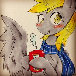 Size: 1280x1280 | Tagged: safe, artist:divided-s, derpy hooves, pegasus, pony, g4, clothes, female, hot chocolate, mare, scarf, solo, traditional art