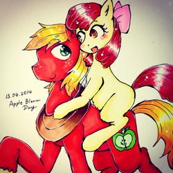 Size: 1280x1280 | Tagged: safe, artist:divided-s, apple bloom, big macintosh, earth pony, pony, g4, :d, adorabloom, apple bloom riding big macintosh, blushing, cute, eye contact, female, filly, happy, looking at each other, male, ponies riding ponies, raised hoof, riding, smiling, stallion, traditional art