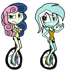 Size: 1068x1151 | Tagged: artist needed, safe, bon bon, lyra heartstrings, sweetie drops, equestria girls, g4, bon bon is not amused, equestria girls-ified, high heels, humanized, leotard, ms paint, unicycle
