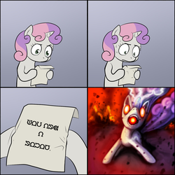 Size: 1024x1024 | Tagged: safe, sweetie belle, pony, robot, robot pony, unicorn, friendship is witchcraft, g4, apocalypse, exploitable meme, female, filly, foal, hooves, horn, meme, pony font, solo, sweetie bot, sweetie's note meme