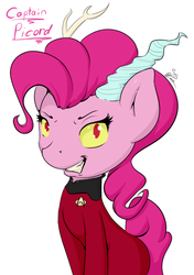 Size: 429x609 | Tagged: safe, artist:krucification, discord, pinkie pie, hybrid, pony, g4, crossover, portrait, pun, q, simple background, solo, star trek, white background, x was discord all along