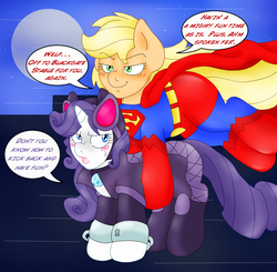 Size: 1860x1825 | Tagged: safe, artist:blackbewhite2k7, applejack, rarity, g4, app-el, arrested, carrying, catmare, catwoman, crossover, cuffs, flying, superhero, superman, supermare
