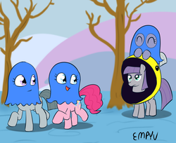 Size: 1000x815 | Tagged: safe, artist:empyu, limestone pie, marble pie, maud pie, pinkie pie, earth pony, pony, g4, clothes, costume, cute, diapinkes, eyes closed, limabetes, marblebetes, maudabetes, pac-man, pie sisters