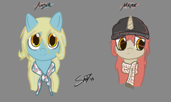 Size: 1000x600 | Tagged: safe, artist:sand, oc, oc only, oc:amber grain, oc:maple leaf, pegasus, pony, unicorn, /mlp/, amber and maple, bandana, canada, canadian, clothes, cute, female, happy, maple leaf, nation ponies, nervous, profile, scarf, signature, sisters, toque, united states