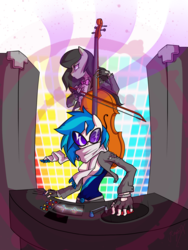 Size: 1500x2000 | Tagged: safe, artist:xonitum, dj pon-3, octavia melody, vinyl scratch, anthro, g4, cello, clothes, duo, female, glasses, mare, musical instrument, turntable