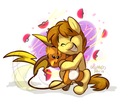 Size: 600x503 | Tagged: safe, artist:thedoggygal, mandopony, raichu, g4, crossover, hug, pokémon