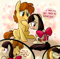 Size: 600x591 | Tagged: safe, artist:thedoggygal, mandopony, wild fire, g4, adorkable, blushing, bow, cute, daaaaaaaaaaaw, dialogue, dork, eyes closed, female, frown, harsher in hindsight, heart, heartwarming, hnnng, hug, male, open mouth, ship:mandofire, shipping, sitting, smiling, straight, wide eyes