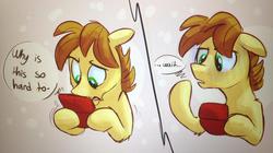 Size: 600x335 | Tagged: safe, artist:thedoggygal, mandopony, g4, 3ds, dialogue, nintendo, solo