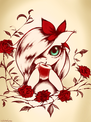 Size: 1536x2048 | Tagged: safe, artist:hwaho, fluttershy, pegasus, pony, g4, apple, cute, featured image, female, floppy ears, flower in hair, flutterbat, hair over one eye, limited palette, looking at you, monochrome, portrait, rose, shyabetes, solo, traditional art