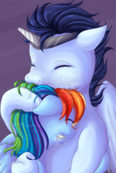 Size: 2000x3000 | Tagged: safe, artist:chiweee, rainbow dash, soarin', fanfic:piercing the heavens, g4, crying, cuddling, eyes closed, fake horn, fanfic, fanfic art, female, high res, horn, hug, male, sad, ship:soarindash, shipping, snuggling, straight