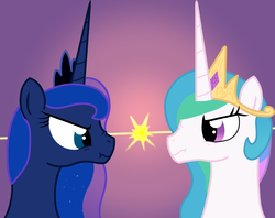 Size: 2048x1618 | Tagged: safe, artist:eightbithoof, princess celestia, princess luna, g4, eye contact, glare, nose wrinkle, scrunch battle, scrunchy face, sibling rivalry