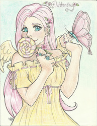 Size: 1700x2203 | Tagged: safe, artist:kimicookie, fluttershy, butterfly, human, g4, female, humanized, lollipop, solo, traditional art, winged humanization