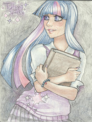 Size: 1660x2203 | Tagged: safe, artist:kimicookie, twilight sparkle, human, g4, book, female, humanized, solo, traditional art