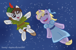 Size: 1000x667 | Tagged: safe, artist:sandy--apples, dinky hooves, pipsqueak, earth pony, unicorn, g4, bow, clothes, colt, eyes closed, female, filly, flying, foal, hair bow, horn, male, male and female, night, nightgown, peter pan, ship:dinkysqueak, smiling, starry night