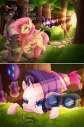 Size: 2000x3000 | Tagged: safe, artist:evehly, fluttershy, king sombra, rarity, g4, and then there's rarity, binoculars, brush, comb, comic, dialogue, female, high res, imminent makeover, male, scissors, ship:sombrashy, shipping, soon, straight, this will end in fashion, this will end in tears