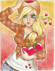 Size: 1700x2195 | Tagged: safe, artist:kimicookie, applejack, human, g4, apple, female, humanized, solo, traditional art