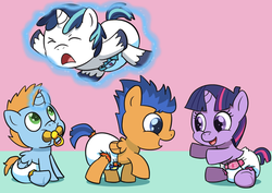 Size: 1024x725 | Tagged: safe, artist:artiecanvas, flash sentry, shining armor, twilight sparkle, oc, oc:harmony star, alicorn, pony, unicorn, g4, alicorn oc, angry, baby, baby pony, babying armor, babylight sparkle, colt, colt flash sentry, colt shining armor, cute, diaper, diasentres, eyes closed, female, filly, filly twilight sparkle, foal, madorable, magic, male, ocbetes, open mouth, overprotective, overprotective armor, pacifier, poofy diaper, shining adorable, ship:flashlight, shipping, smiling, straight, telekinesis, this will end in tears, twiabetes, twimony, unicorn twilight, weapons-grade cute, younger