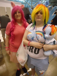 Size: 3240x4320 | Tagged: safe, pinkie pie, rainbow dash, human, g4, build-a-bear, cosplay, fan expo canada, irl, irl human, photo, plushie