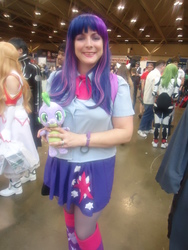 Size: 3240x4320 | Tagged: safe, spike, twilight sparkle, human, g4, build-a-bear, cosplay, fan expo canada, irl, irl human, photo, plushie, spike plushie