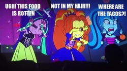 Size: 640x360 | Tagged: safe, adagio dazzle, aria blaze, sonata dusk, equestria girls, g4, my little pony equestria girls: rainbow rocks, food, funny, humiliation, image macro, meme, orange, sonataco, that girl sure loves tacos, that siren sure does love tacos, the dazzlings