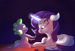 Size: 1280x880 | Tagged: safe, artist:imsokyo, rarity, spike, daily life of spike, g4, ask, cute, female, glowing horn, horn, levitation, magic, male, nail polish, ship:sparity, shipping, spikabetes, spikelove, straight, tumblr