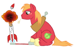 Size: 600x386 | Tagged: safe, artist:dfectivedvice, big macintosh, earth pony, pony, g4, colored, explosion, fail, male, rocket, simple background, solo, stallion, transparent background